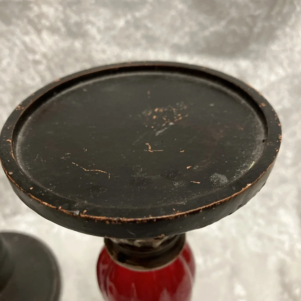 Lot of 2 Pillar Candle Holders, Red Ornate Glass Art Deco & Antiqued Brown Wood
